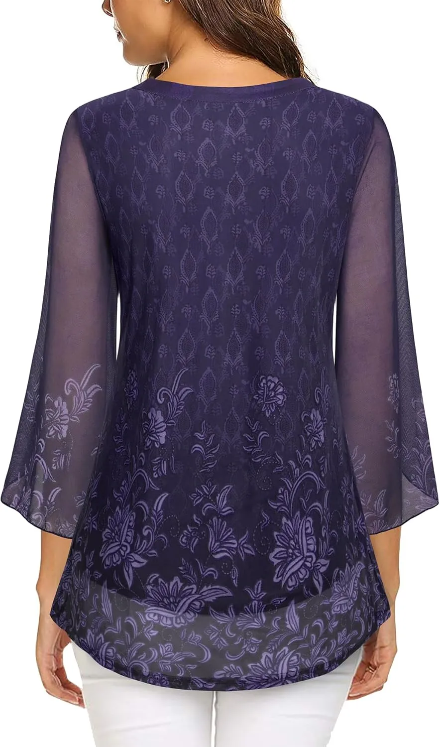 VALOLIA Women's 3/4 Sleeve Floral Tunic Tops V Neck Double Layers Loose Fit Mesh Blouses Shirt