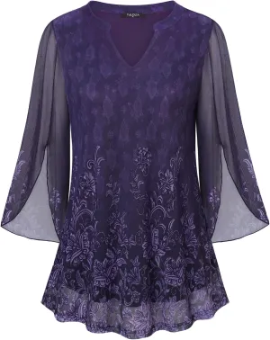 VALOLIA Women's 3/4 Sleeve Floral Tunic Tops V Neck Double Layers Loose Fit Mesh Blouses Shirt