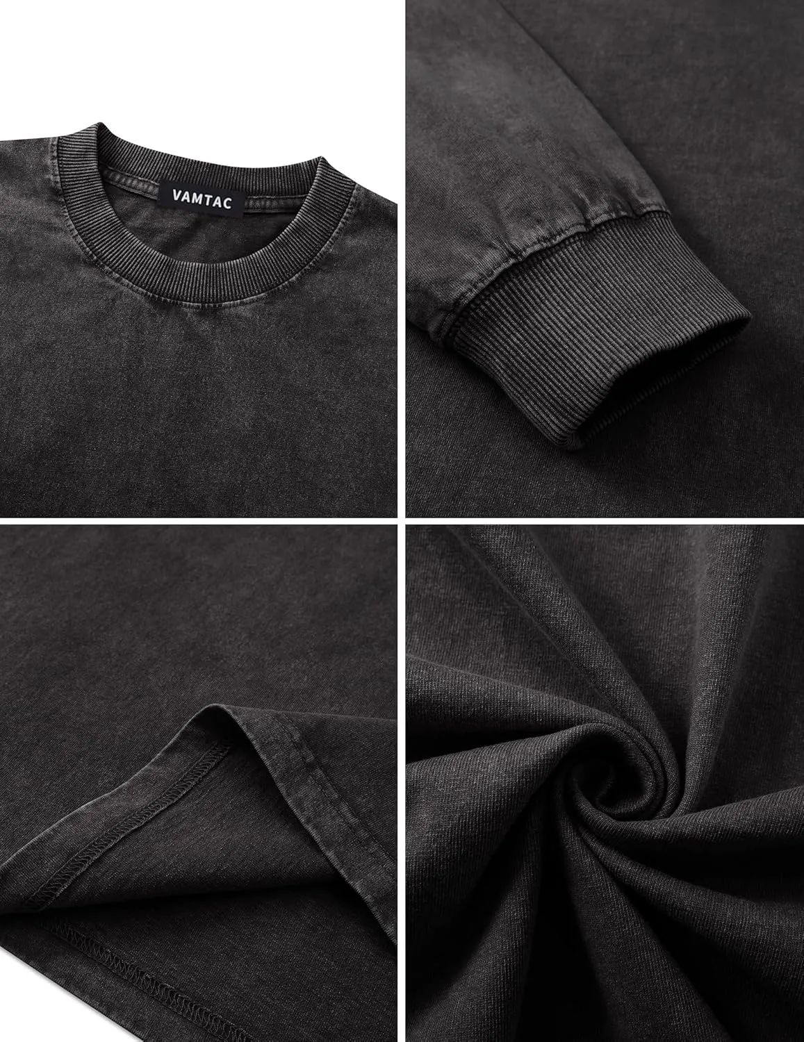 Vamtac Long Sleeve Shirts For Men Oversized Crewneck Sweatshirt Casual Acid Wash Tshirt Cotton T-Shirts Unisex Pullover Top