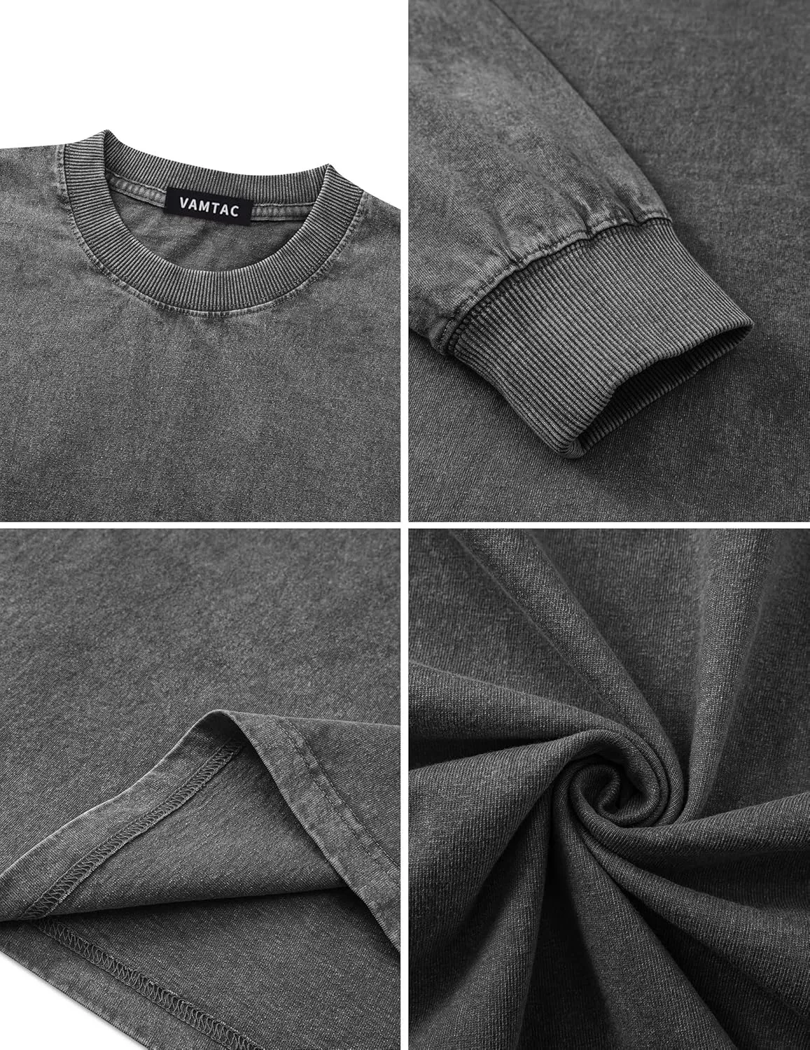 Vamtac Long Sleeve Shirts For Men Oversized Crewneck Sweatshirt Casual Acid Wash Tshirt Cotton T-Shirts Unisex Pullover Top