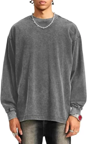 Vamtac Long Sleeve Shirts For Men Oversized Crewneck Sweatshirt Casual Acid Wash Tshirt Cotton T-Shirts Unisex Pullover Top