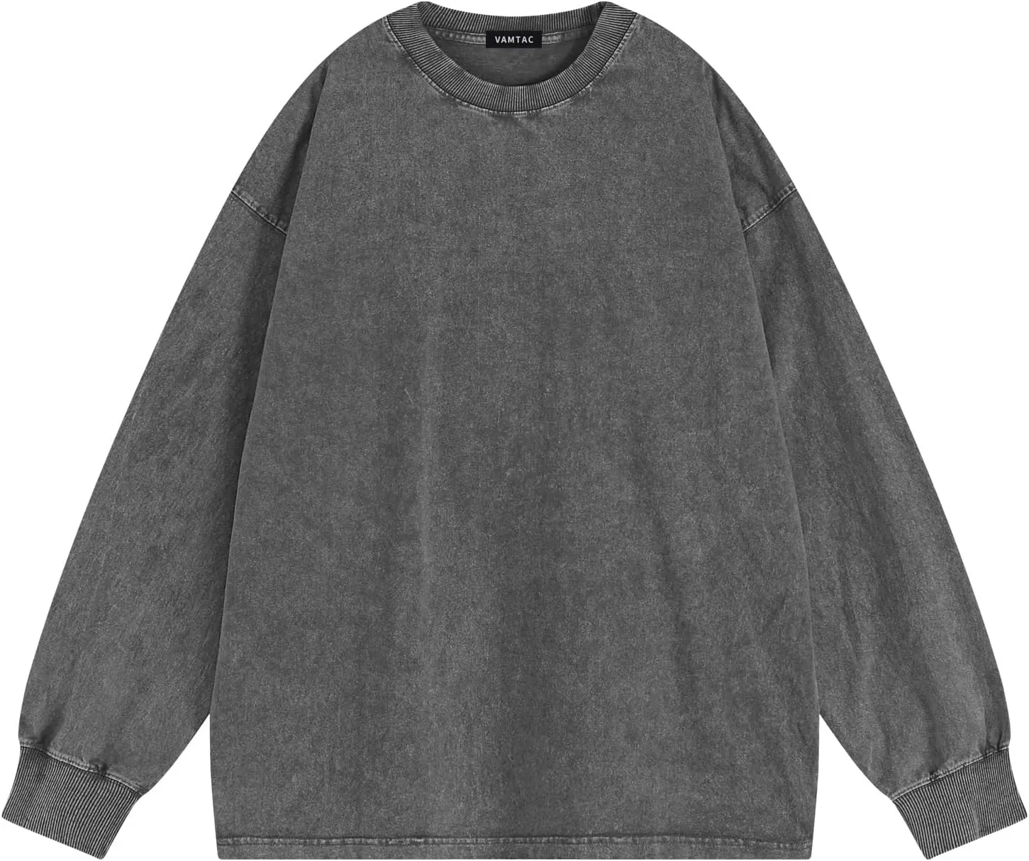 Vamtac Long Sleeve Shirts For Men Oversized Crewneck Sweatshirt Casual Acid Wash Tshirt Cotton T-Shirts Unisex Pullover Top