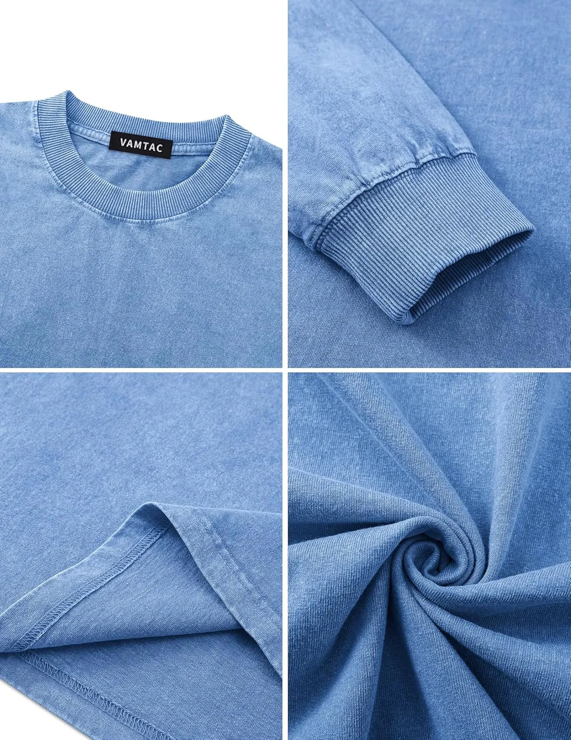 Vamtac Long Sleeve Shirts For Men Oversized Crewneck Sweatshirt Casual Acid Wash Tshirt Cotton T-Shirts Unisex Pullover Top