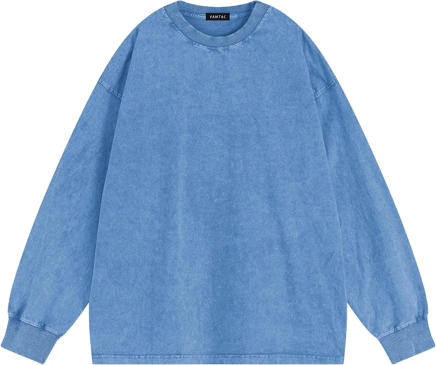 Vamtac Long Sleeve Shirts For Men Oversized Crewneck Sweatshirt Casual Acid Wash Tshirt Cotton T-Shirts Unisex Pullover Top
