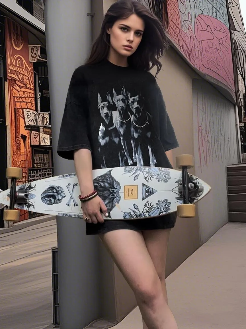 Vamtac Oversized Washed Dog Graphic Tees Vintage Streetwear T-Shirt Casual Summer Tops Unisex
