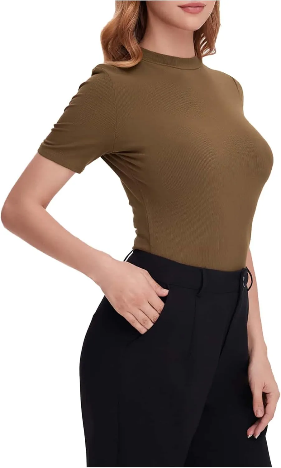 Verdusa Women's Business Casual Tops Mock Neck Short Sleeve Knit Basic Tees Work Ofiice Outfits