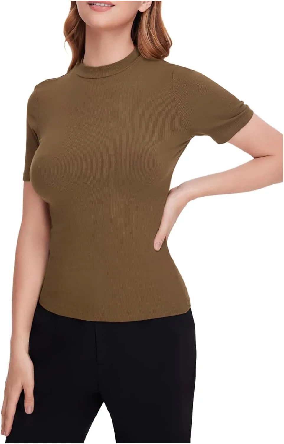 Verdusa Women's Business Casual Tops Mock Neck Short Sleeve Knit Basic Tees Work Ofiice Outfits
