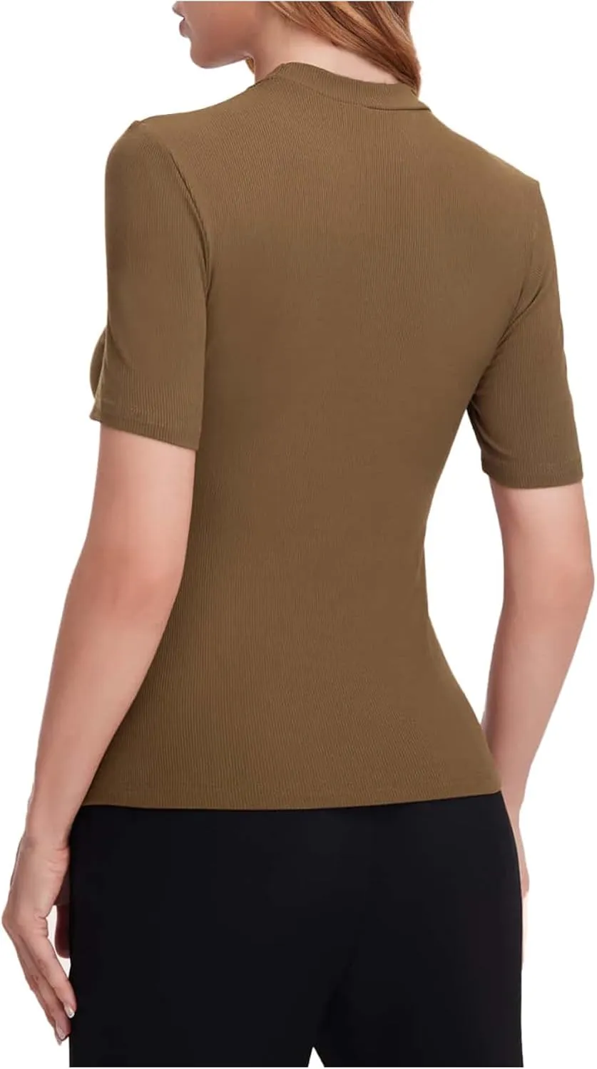 Verdusa Women's Business Casual Tops Mock Neck Short Sleeve Knit Basic Tees Work Ofiice Outfits
