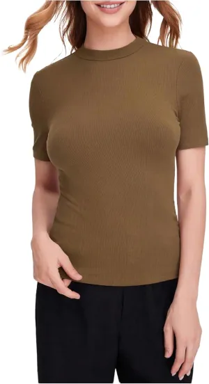 Verdusa Women's Business Casual Tops Mock Neck Short Sleeve Knit Basic Tees Work Ofiice Outfits