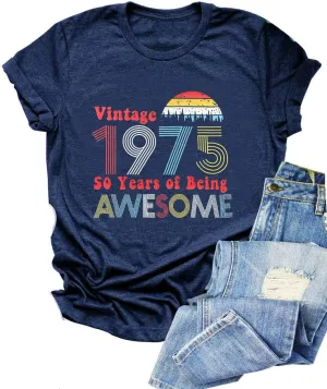 Vintage 1975 T Shirts for Women 50th Birthday Shirts Gifts Born in 1975 Tshirt Retro Short Sleeve Tee Tops