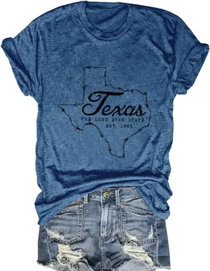 Vintage Texas T Shirt 1845 Womens Summer Funny Casual Map Graphic Tees Short Sleeve Tops