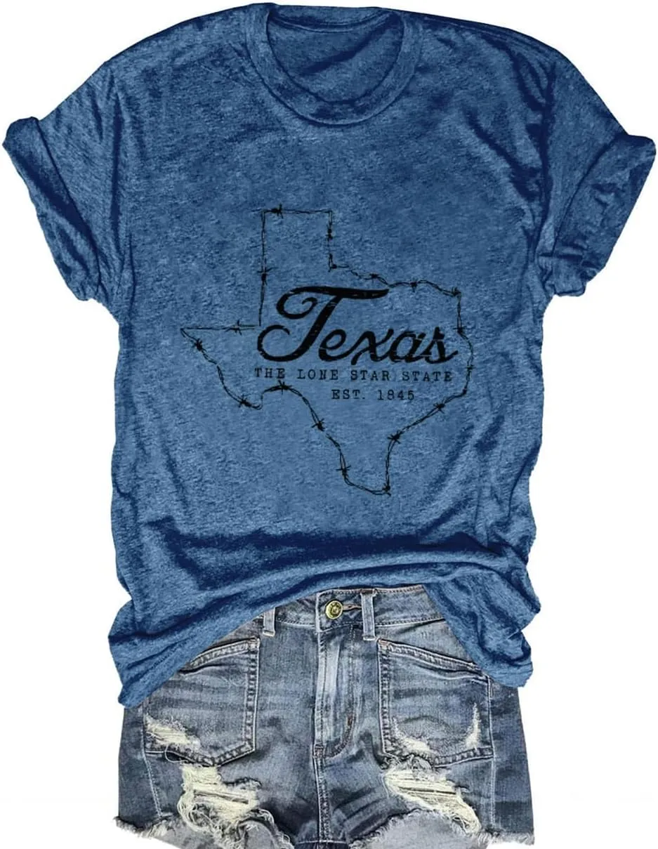 Vintage Texas T Shirt 1845 Womens Summer Funny Casual Map Graphic Tees Short Sleeve Tops