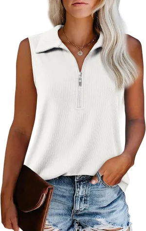 Vivilli Womens Ribbed Tank Top Zipper V Neck Dressy Casual Blouses Sleeveless Camisole Tops Work Tank Polo Shirts