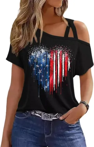 VKEGNIO Criss-Cross One Shoulder Tops Sexy Cold Shoulder Shirts Summer Short Sleeve T-Shirts Vacation Loose Casual Tees