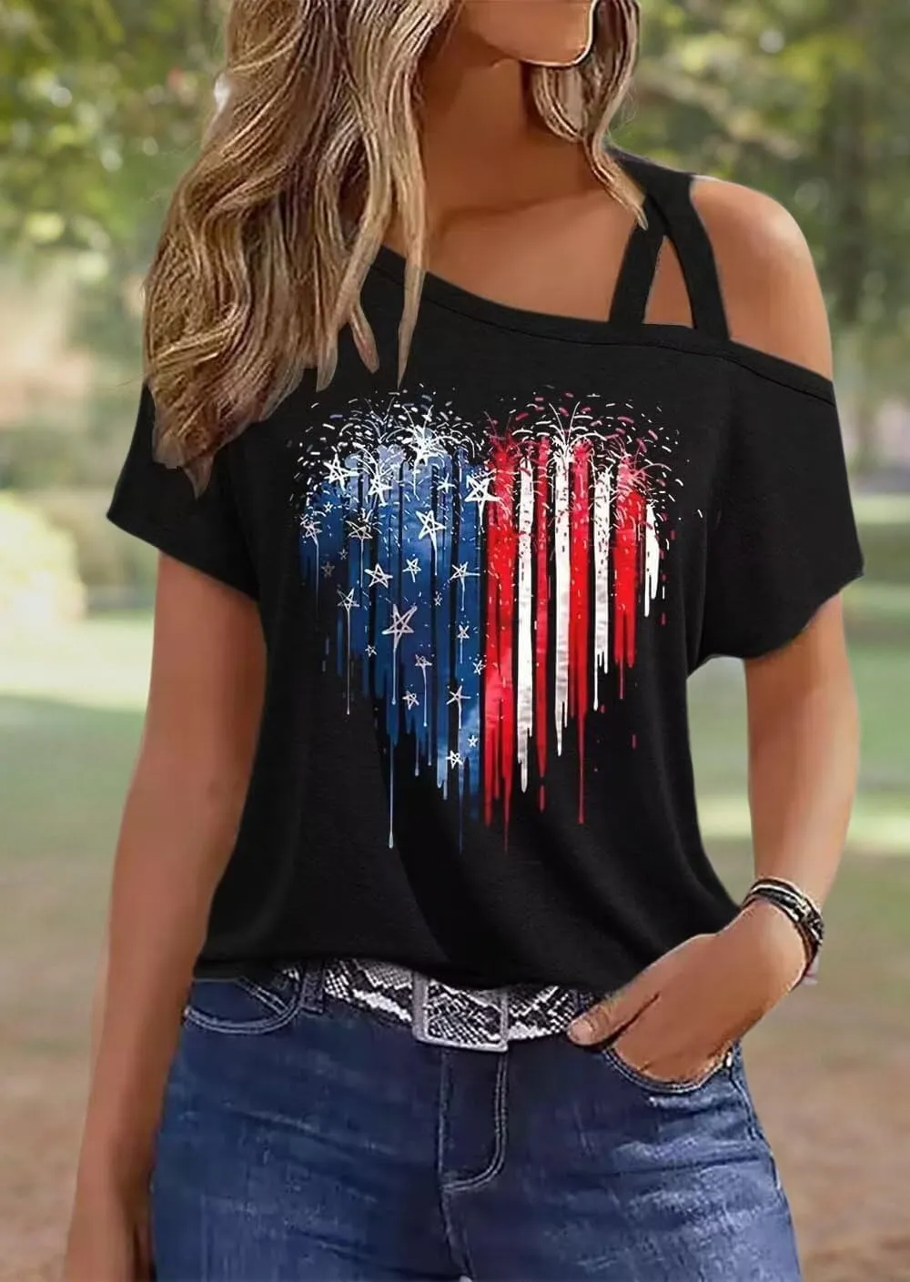 VKEGNIO Criss-Cross One Shoulder Tops Sexy Cold Shoulder Shirts Summer Short Sleeve T-Shirts Vacation Loose Casual Tees