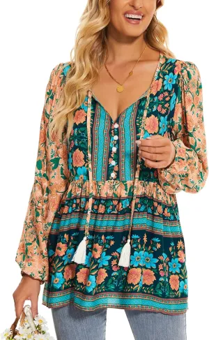 Vogebund Women's Floral Boho Tunic Tops Casual Long Sleeve Loose Beach Blouses Self-Tie V Neck T Shirts