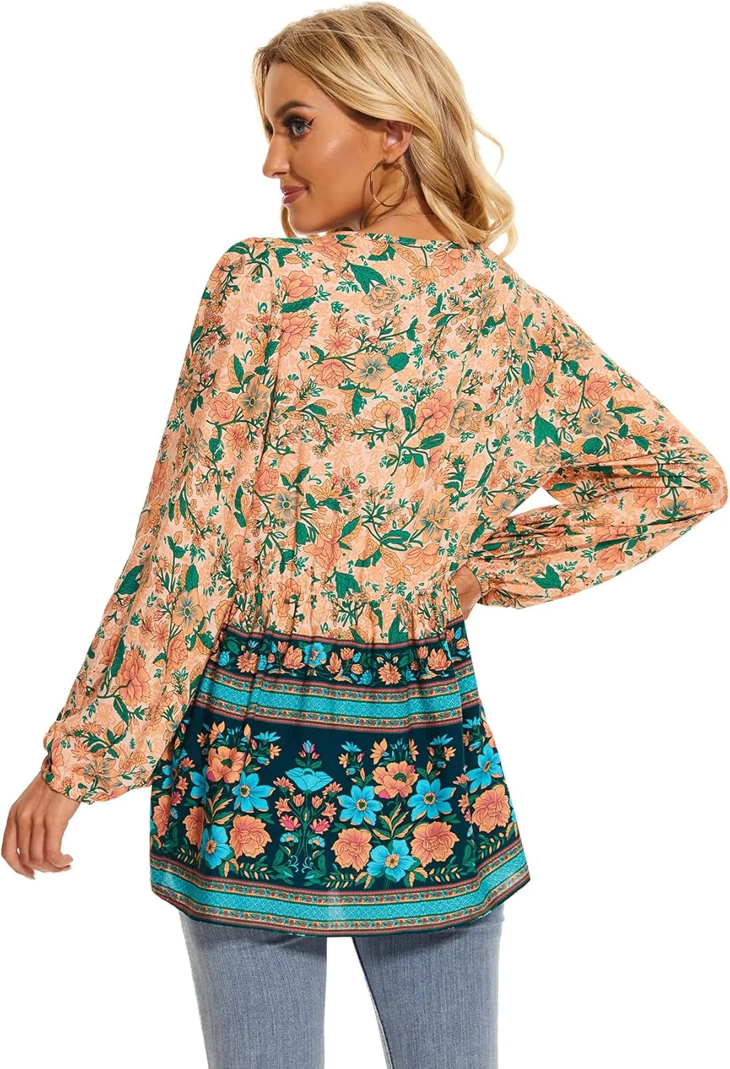 Vogebund Women's Floral Boho Tunic Tops Casual Long Sleeve Loose Beach Blouses Self-Tie V Neck T Shirts