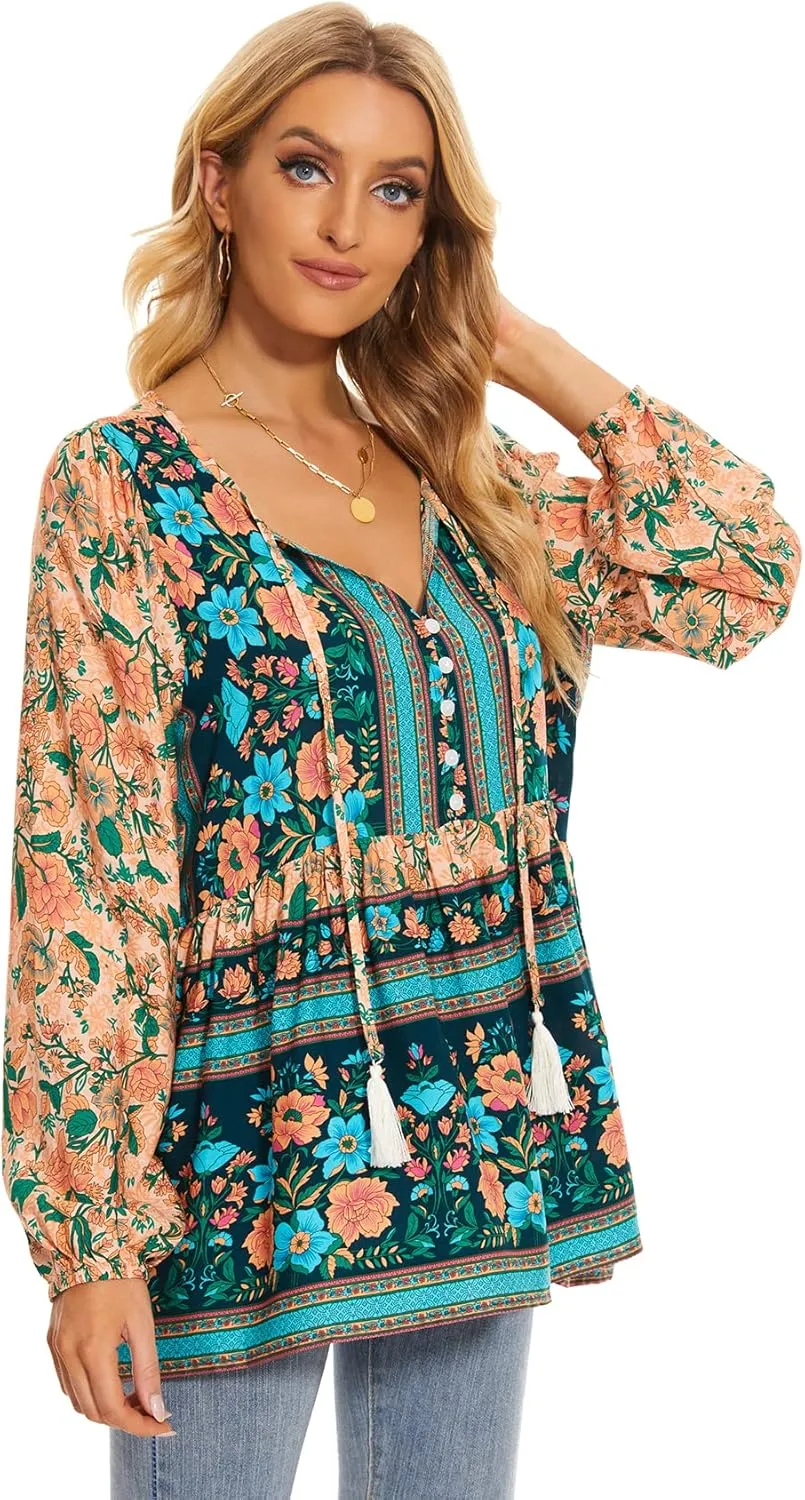 Vogebund Women's Floral Boho Tunic Tops Casual Long Sleeve Loose Beach Blouses Self-Tie V Neck T Shirts