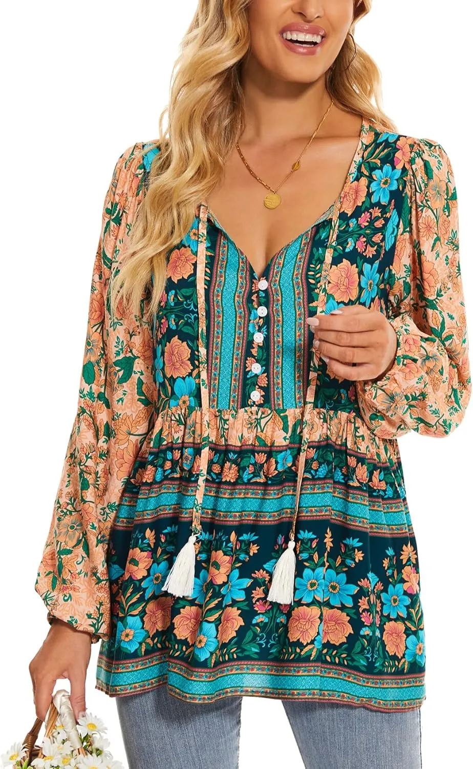 Vogebund Women's Floral Boho Tunic Tops Casual Long Sleeve Loose Beach Blouses Self-Tie V Neck T Shirts