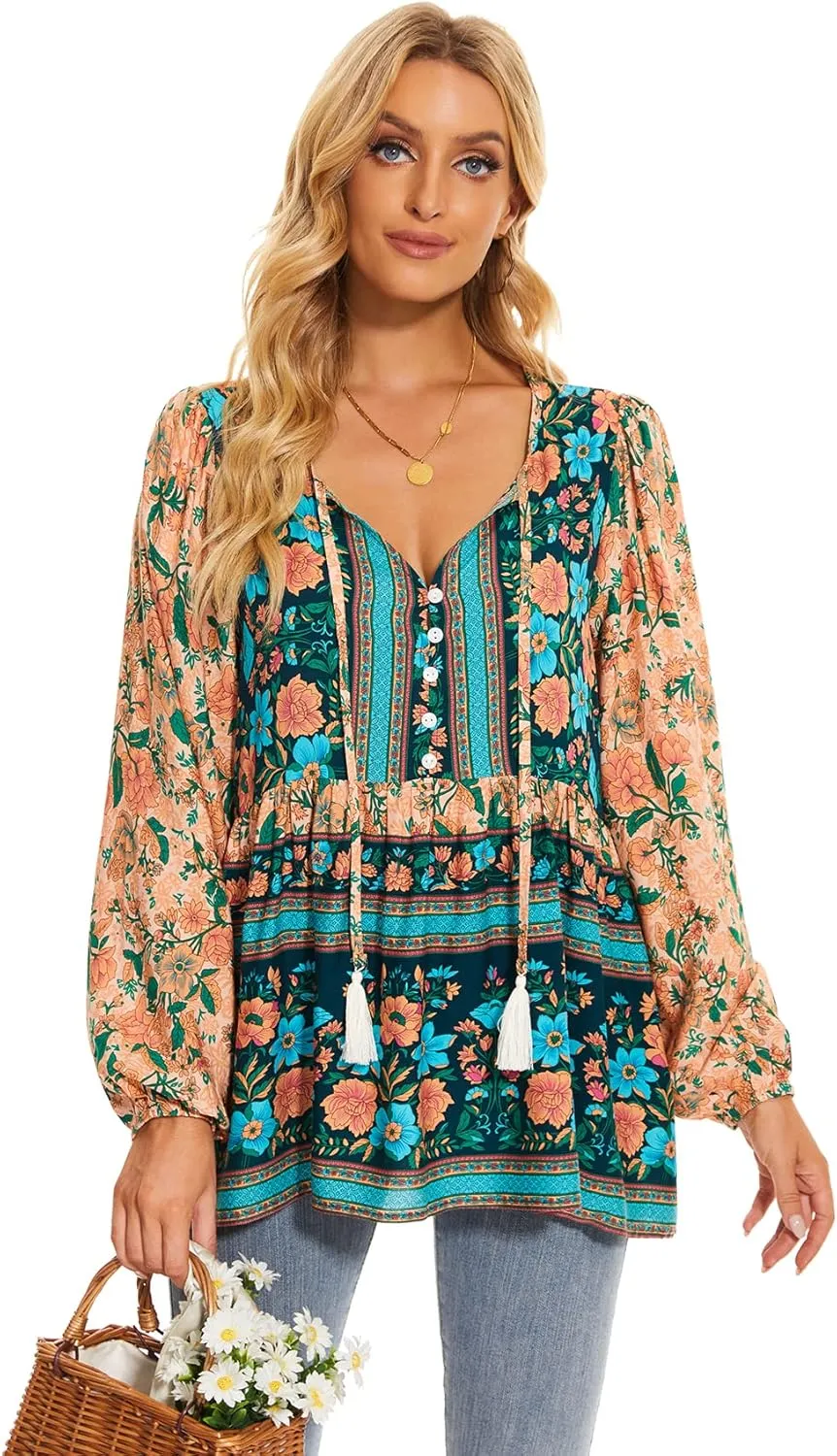 Vogebund Women's Floral Boho Tunic Tops Casual Long Sleeve Loose Beach Blouses Self-Tie V Neck T Shirts