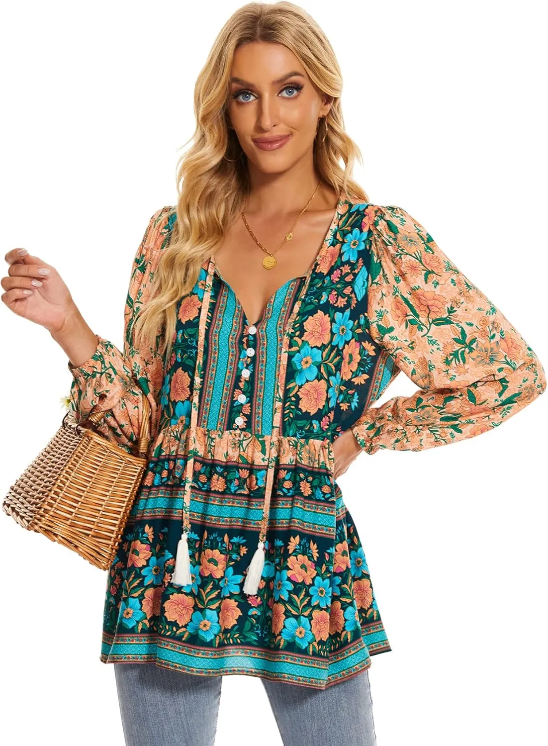 Vogebund Women's Floral Boho Tunic Tops Casual Long Sleeve Loose Beach Blouses Self-Tie V Neck T Shirts