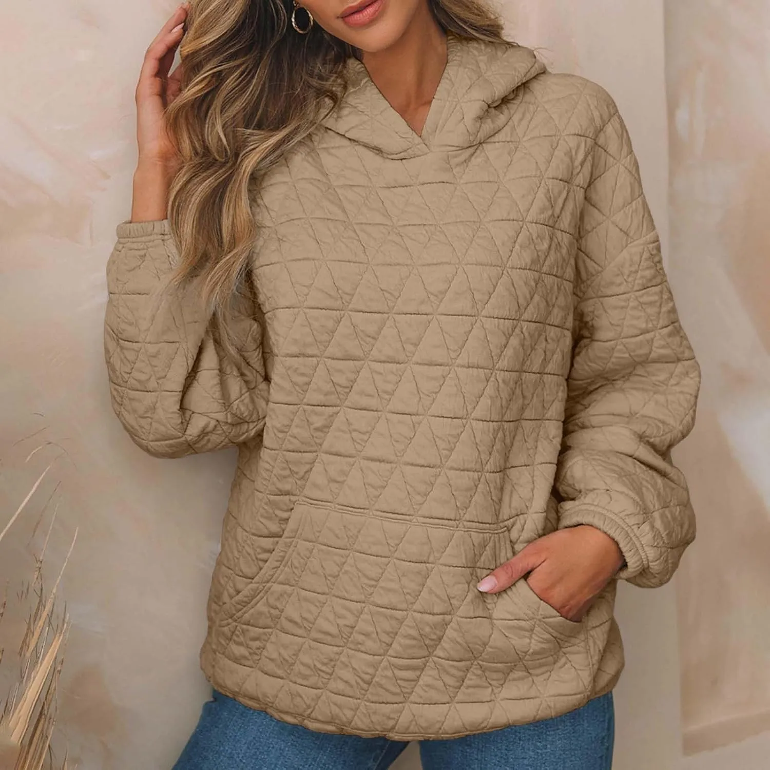 Warm Hooded Sweatshirts for Women Solid Plaid Casual Fall Winter Hoodies Oversized Comfy Blouses for Outing Street