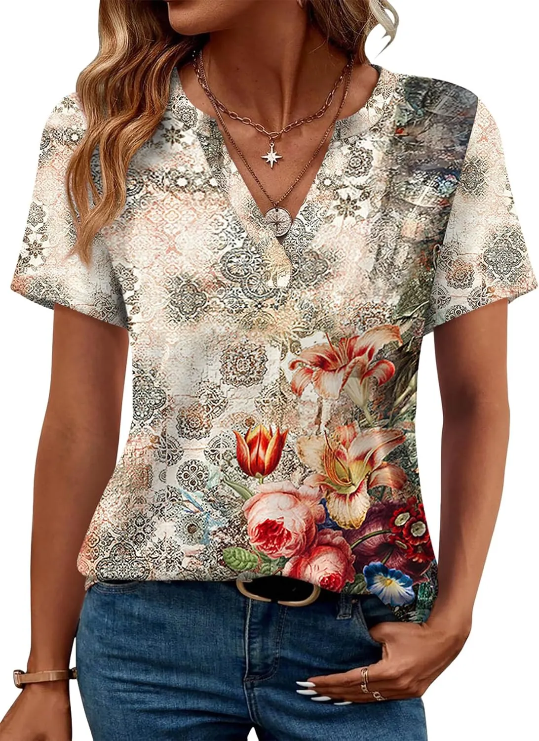 WEESO Womens Tops Summer Short Sleeve V Neck Blouses Business Casual Loose Fit Tshirts Trendy Fashion Outfits