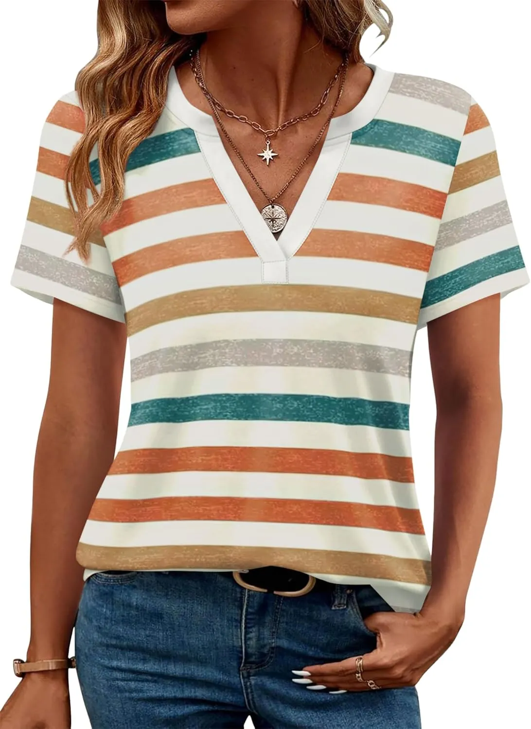 WEESO Womens Tops Summer Short Sleeve V Neck Blouses Business Casual Loose Fit Tshirts Trendy Fashion Outfits
