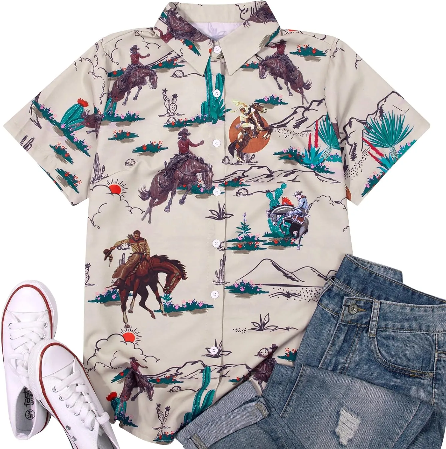 Western Shirts for Women Retro Cowgirl Shirt Rodeo Button Up Tshirt Hawaiian Summer Vacation Short Sleeve Top Blouses