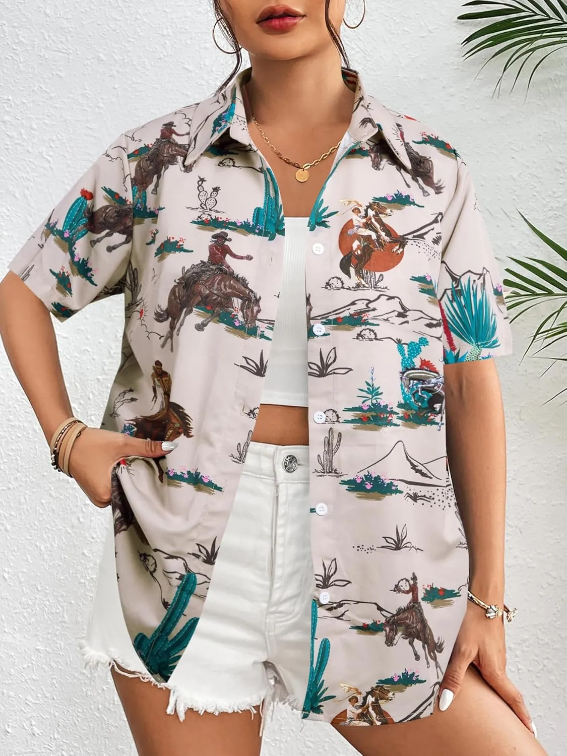 Western Shirts for Women Retro Cowgirl Shirt Rodeo Button Up Tshirt Hawaiian Summer Vacation Short Sleeve Top Blouses