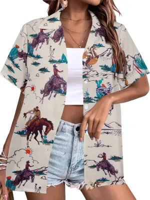 Western Shirts for Women Retro Cowgirl Shirt Rodeo Button Up Tshirt Hawaiian Summer Vacation Short Sleeve Top Blouses