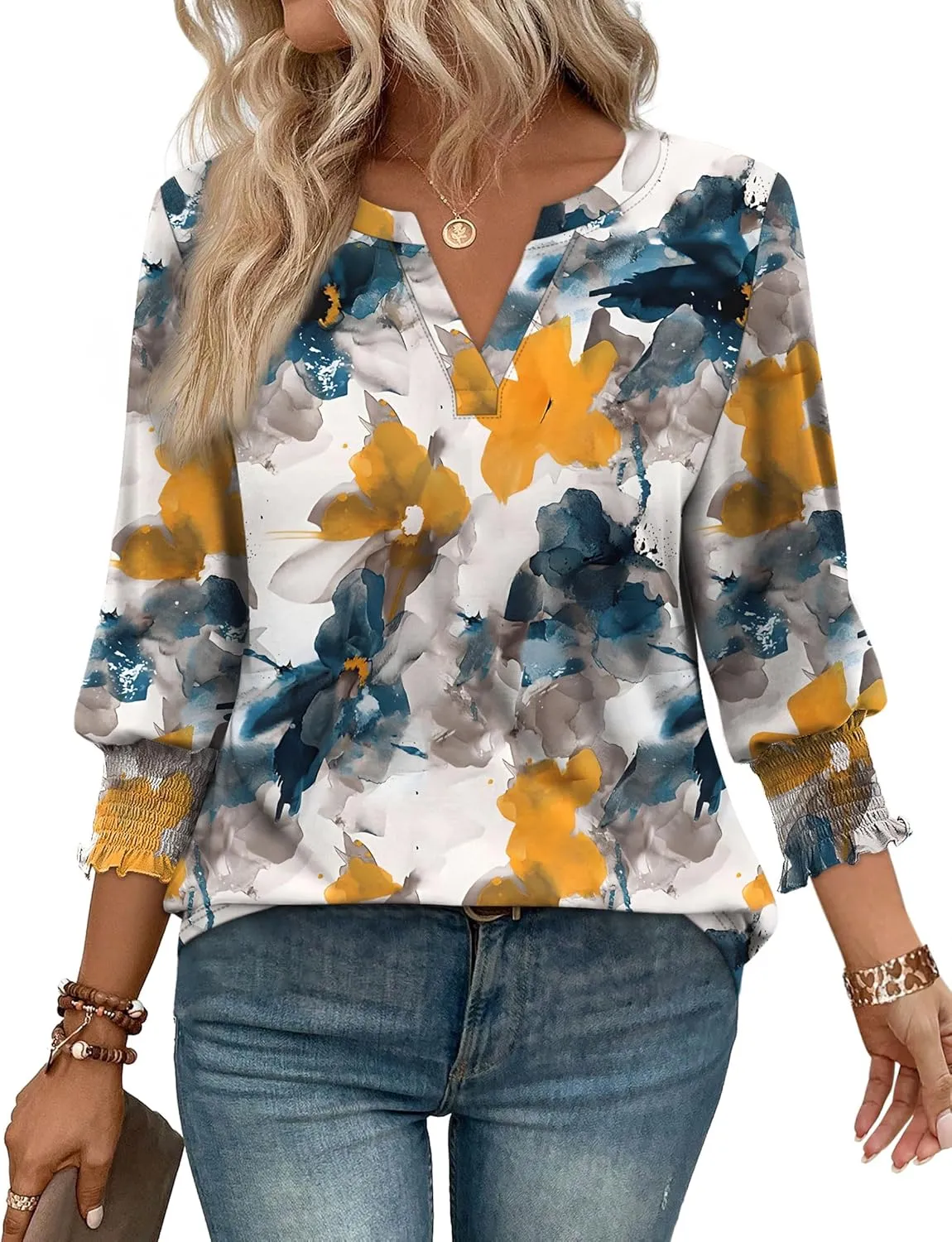 WIHOLL Blouses for Women Dressy Casual 3/4 Length Sleeve Womens Tops Trendy Summer Spring Shirts S-3XL