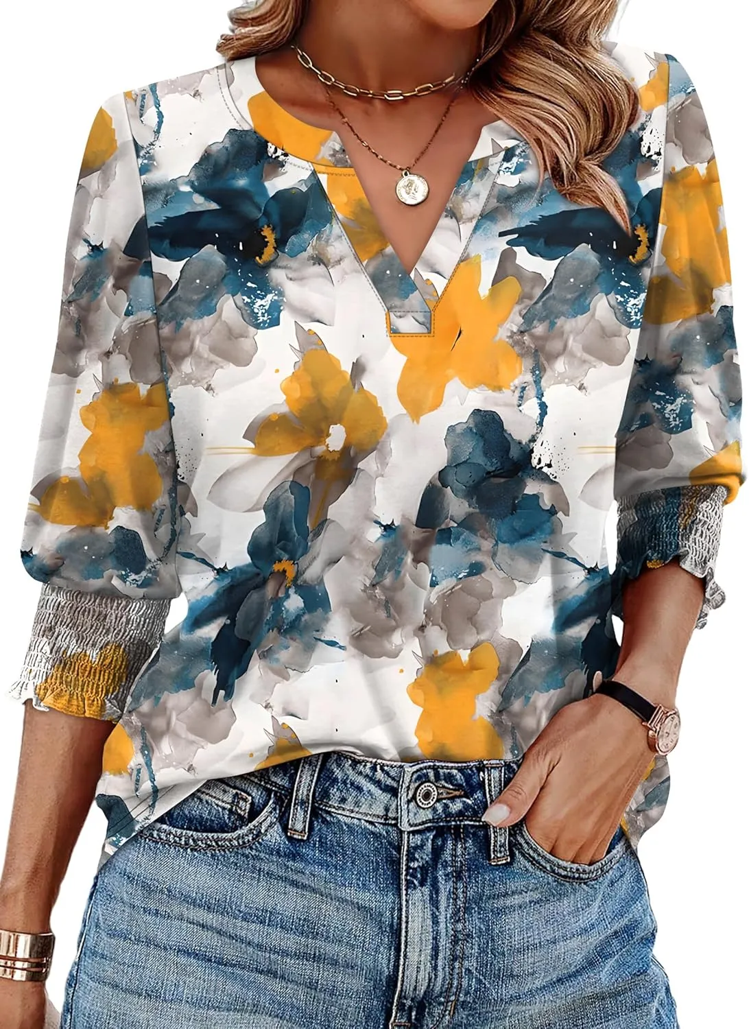 WIHOLL Blouses for Women Dressy Casual 3/4 Length Sleeve Womens Tops Trendy Summer Spring Shirts S-3XL
