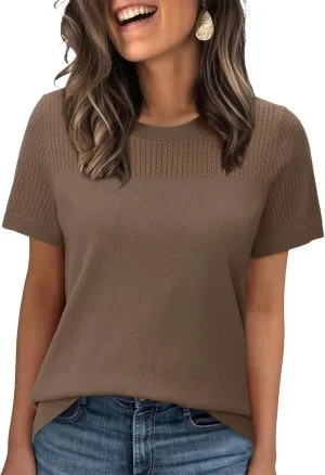 WIHOLL Womens Short Sleeve Sweater 2025 Spring Summer Tops Pointelle Knit Business Casual Outfits Work Blouses Clothes