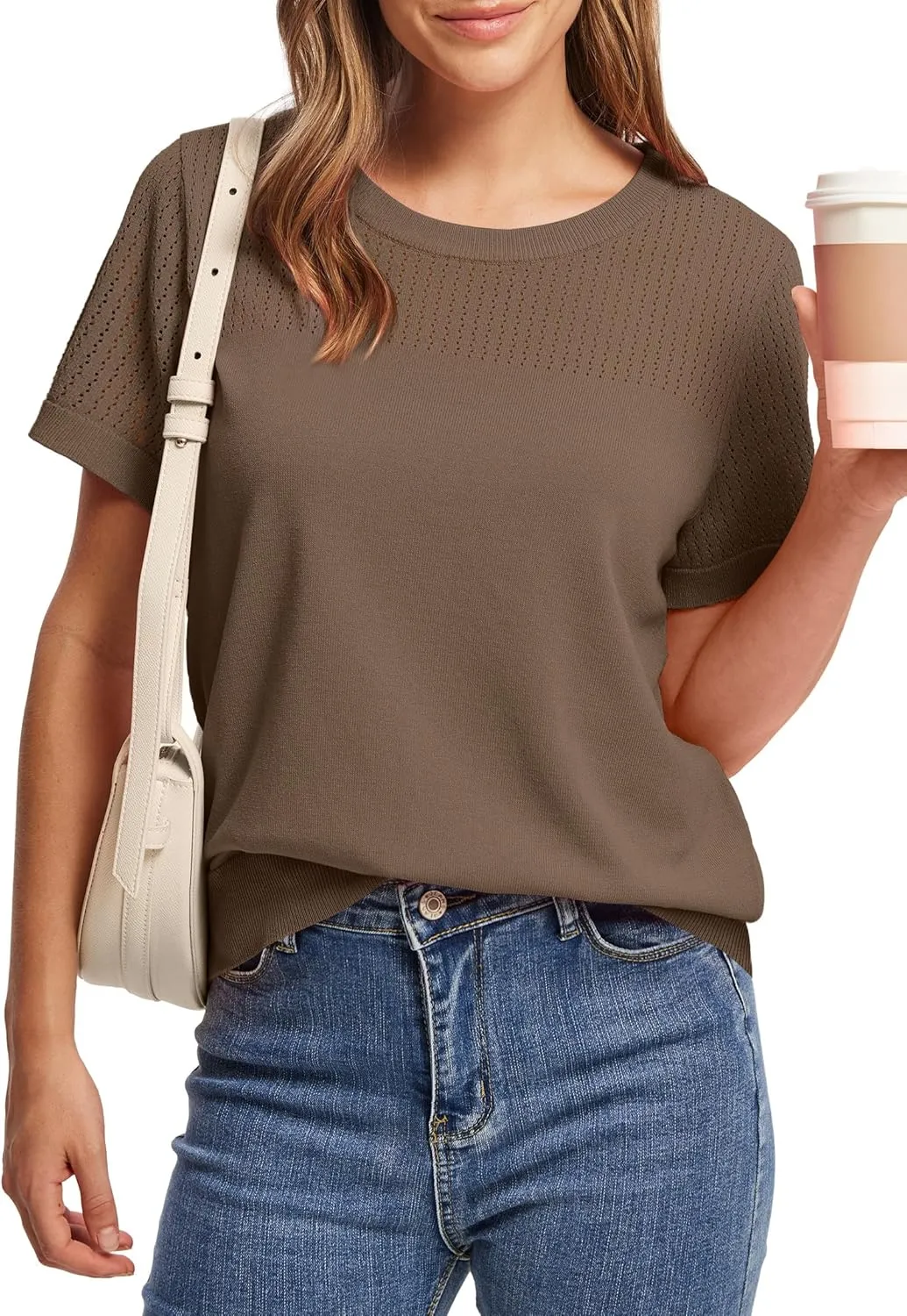 WIHOLL Womens Short Sleeve Sweater 2025 Spring Summer Tops Pointelle Knit Business Casual Outfits Work Blouses Clothes