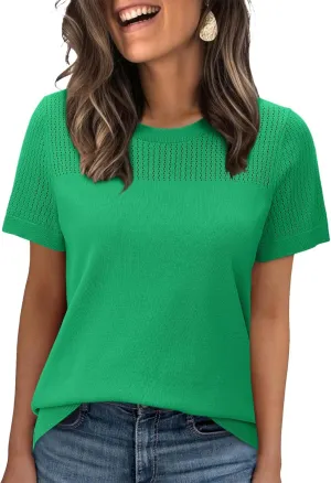 WIHOLL Womens Short Sleeve Sweater 2025 Spring Summer Tops Pointelle Knit Business Casual Outfits Work Blouses Clothes