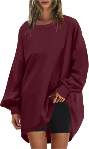 Wkishenl Oversized Long Sweatshirts for Women 2024 Casual Fall Shoulder Tops Loose Long Sleeve Crewneck Pullover Solid Dressy