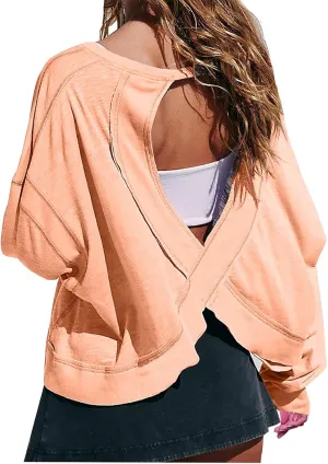Women Fashionable Backless Workout Tops Crew Neck Long Sleeve Blouses Loose Solid Color Shirt Athletic Crop Tee