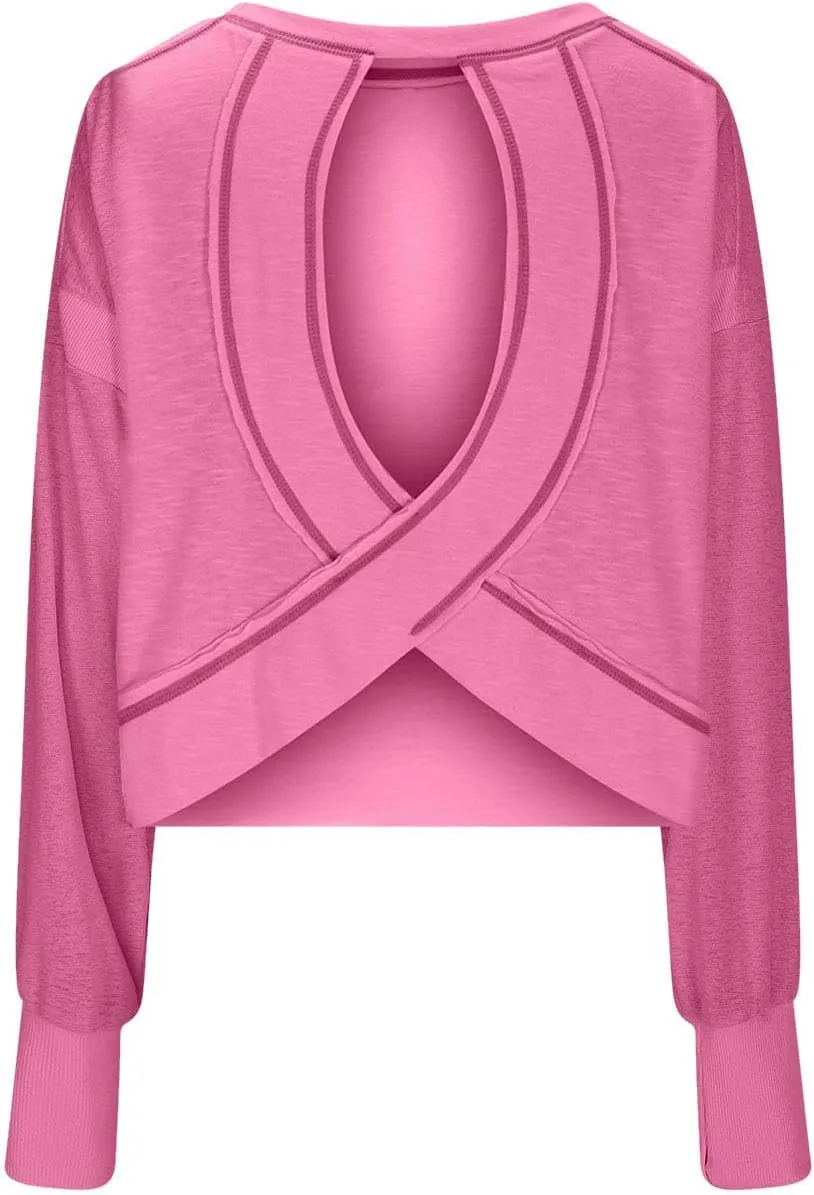 Women Fashionable Backless Workout Tops Crew Neck Long Sleeve Blouses Loose Solid Color Shirt Athletic Crop Tee