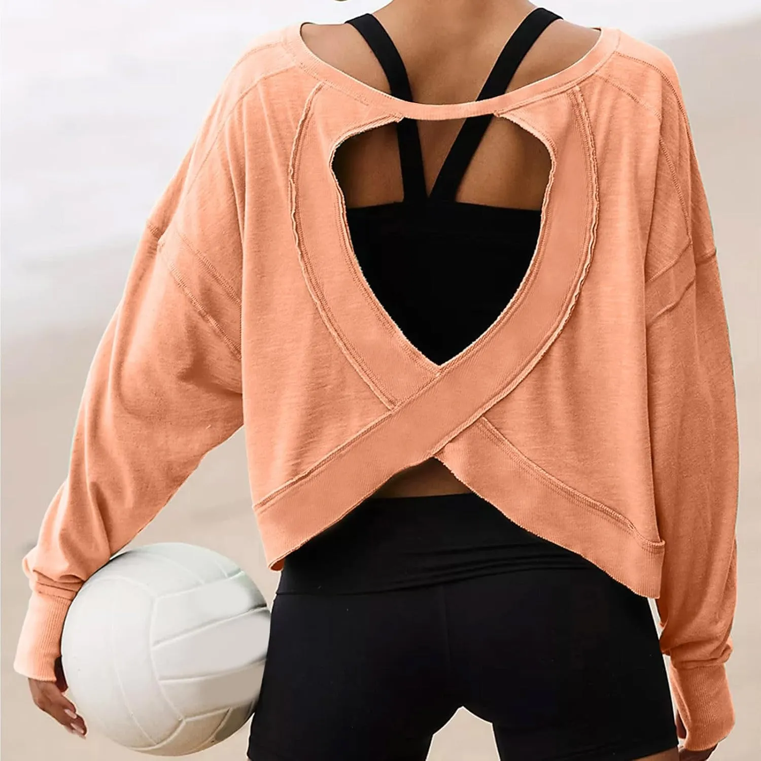 Women Fashionable Backless Workout Tops Crew Neck Long Sleeve Blouses Loose Solid Color Shirt Athletic Crop Tee