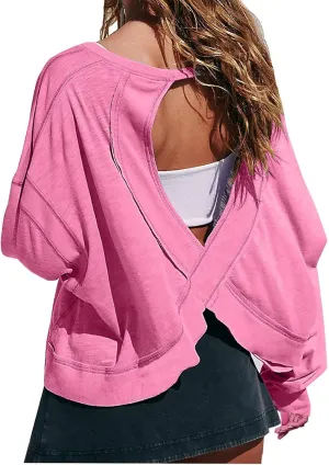 Women Fashionable Backless Workout Tops Crew Neck Long Sleeve Blouses Loose Solid Color Shirt Athletic Crop Tee