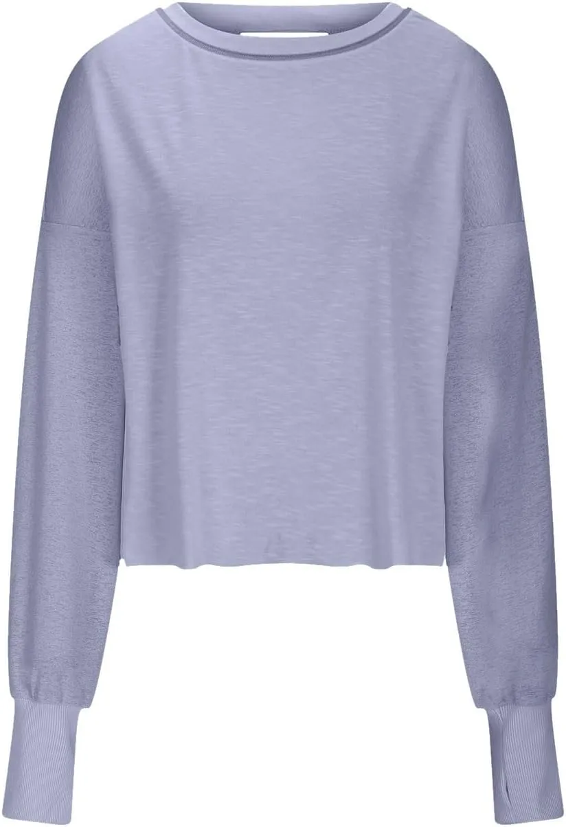 Women Fashionable Backless Workout Tops Crew Neck Long Sleeve Blouses Loose Solid Color Shirt Athletic Crop Tee