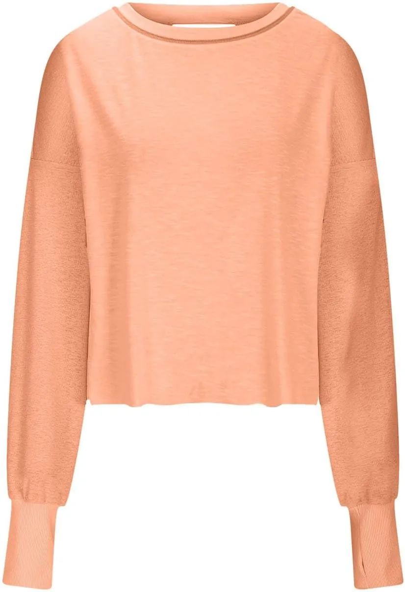 Women Fashionable Backless Workout Tops Crew Neck Long Sleeve Blouses Loose Solid Color Shirt Athletic Crop Tee
