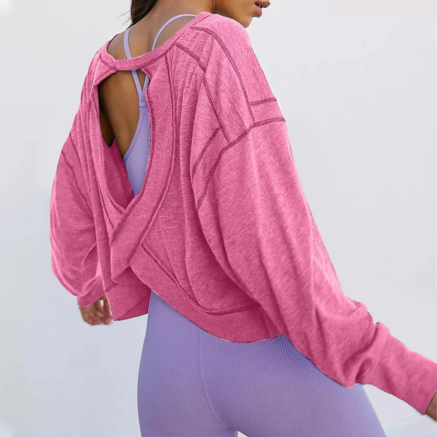 Women Fashionable Backless Workout Tops Crew Neck Long Sleeve Blouses Loose Solid Color Shirt Athletic Crop Tee