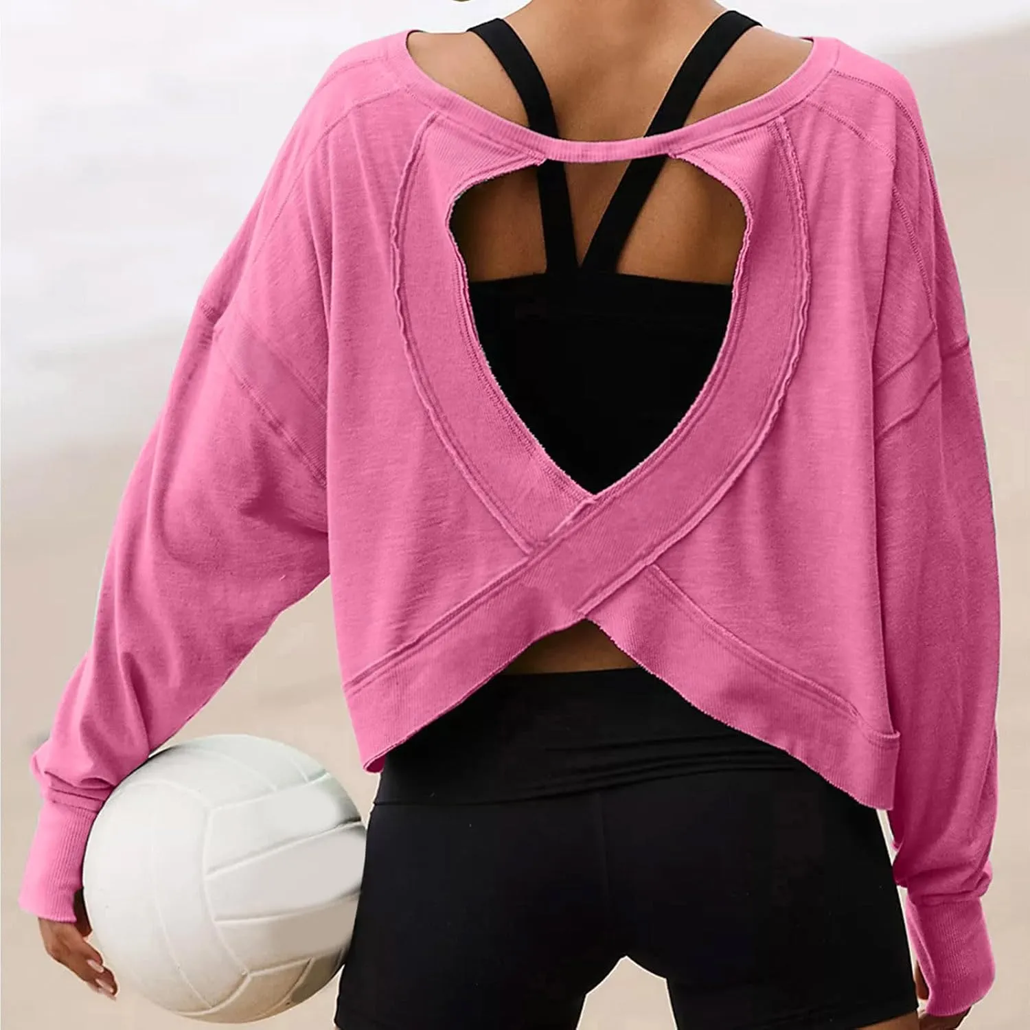 Women Fashionable Backless Workout Tops Crew Neck Long Sleeve Blouses Loose Solid Color Shirt Athletic Crop Tee