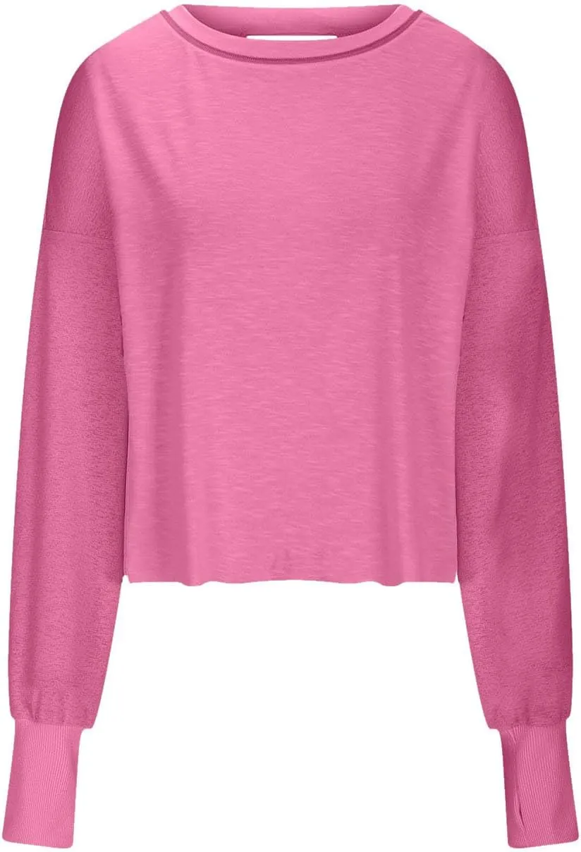 Women Fashionable Backless Workout Tops Crew Neck Long Sleeve Blouses Loose Solid Color Shirt Athletic Crop Tee