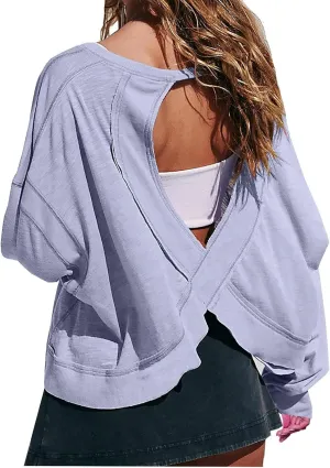Women Fashionable Backless Workout Tops Crew Neck Long Sleeve Blouses Loose Solid Color Shirt Athletic Crop Tee
