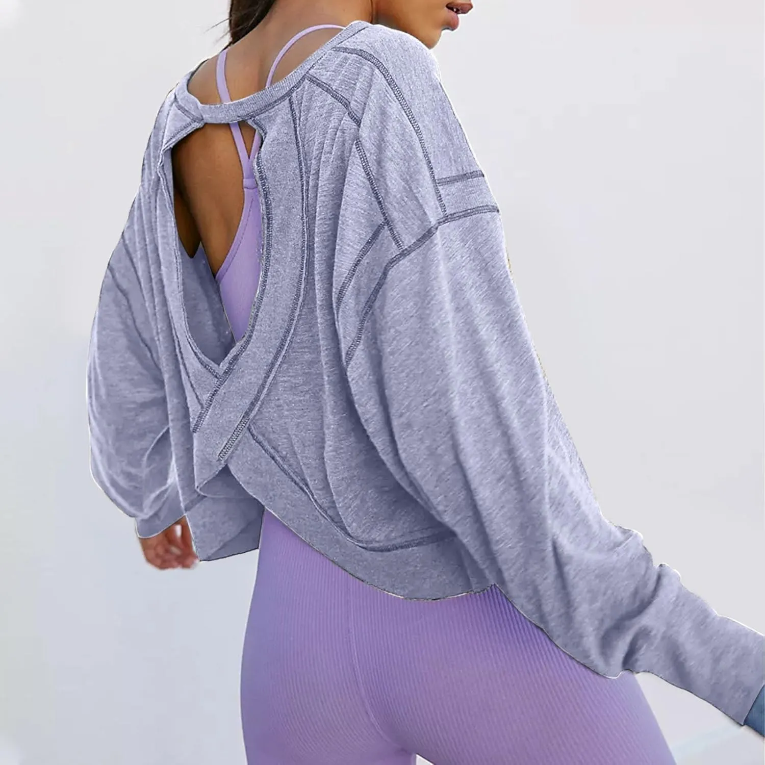 Women Fashionable Backless Workout Tops Crew Neck Long Sleeve Blouses Loose Solid Color Shirt Athletic Crop Tee