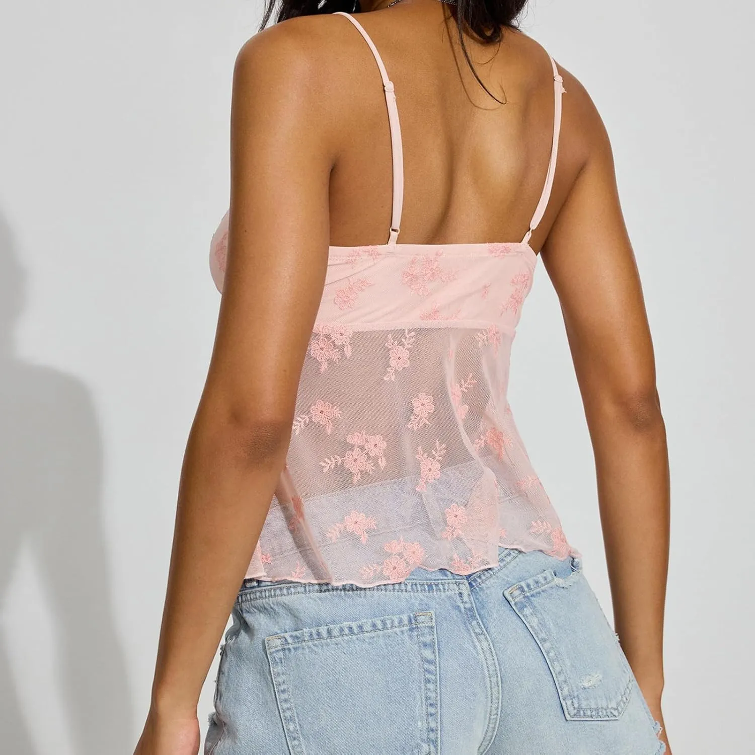 Women Floral Lace Camisole Y2k Sexy Cropped Lace Cami Tops Summer Spaghetti Strap V Neck See Through Tank Tops