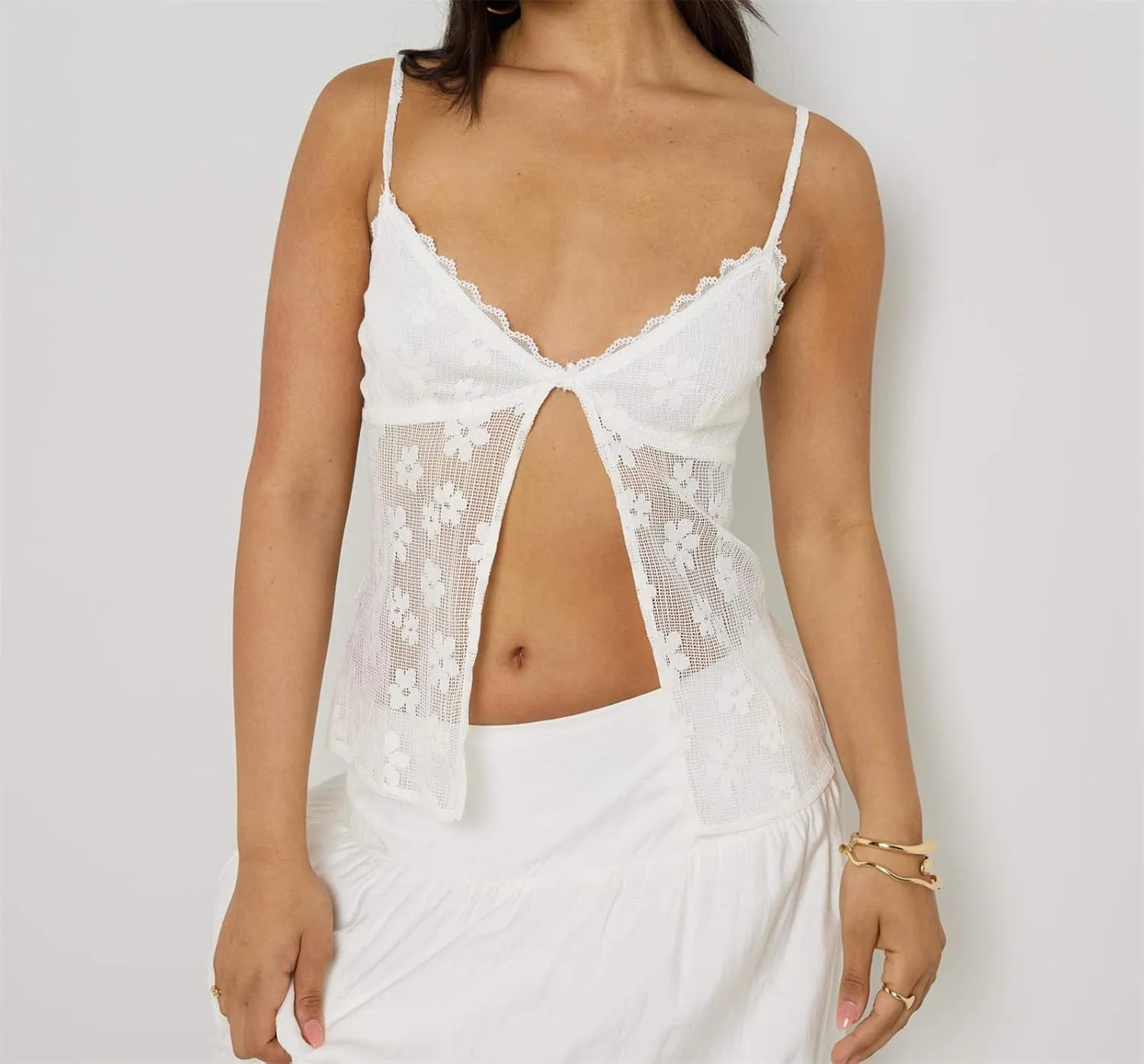 Women Floral Lace Camisole Y2k Sexy Cropped Lace Cami Tops Summer Spaghetti Strap V Neck See Through Tank Tops